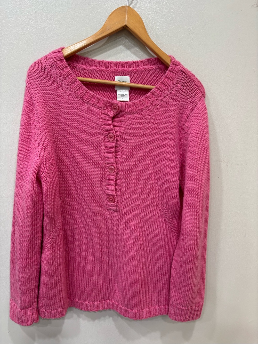 Garnet Hill 100% Mercerized Wool Knit Henley Sweater Pink Women’s Size Large